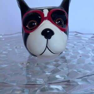 Boston Terrier Dog Head‎ Vase Ceramic Planter Red Glasses Cute Decor